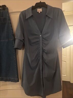 cinq a sept Blue Ruched Front Mini Shirt Dress